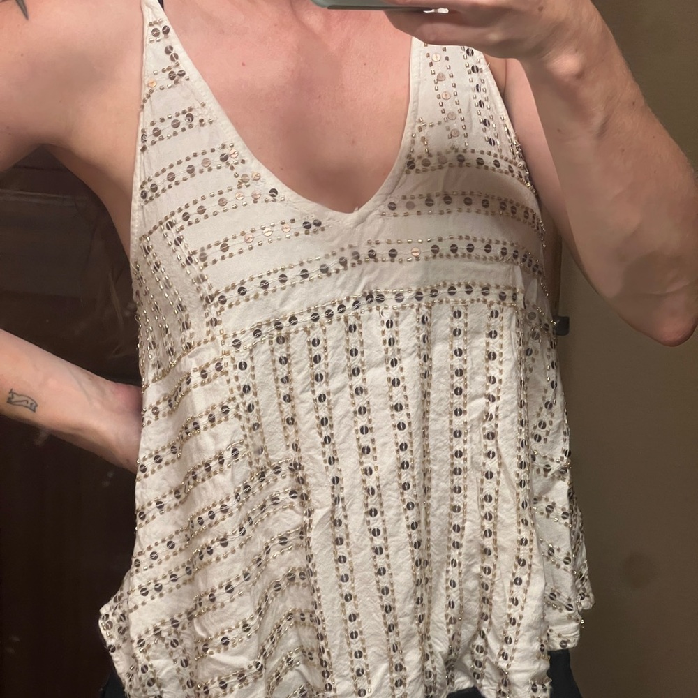 Free People Cream Embellished Tank Top